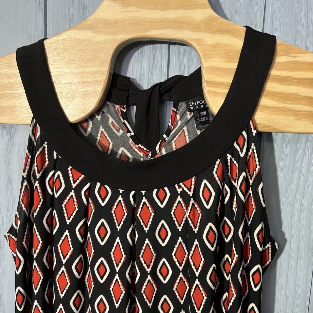 Enfocus Womans Halter Dress Tie Neck Black Red Geometric Pattern Size‎ 16W - Picture 2 of 8